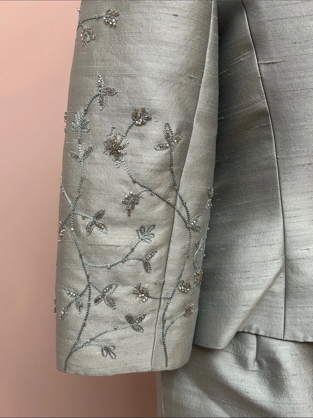 VTG Lillie Rubin Silver-Green Silk Wool Embroidered Skirt Suit set sz 6